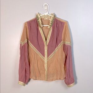 Selma Blouse by Let me Be Women's Ruffled Collar- Pink and Peach size medium